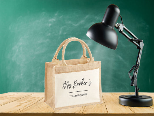 Personalised Teacher Stuff tote bag with custom name in jute and canvas