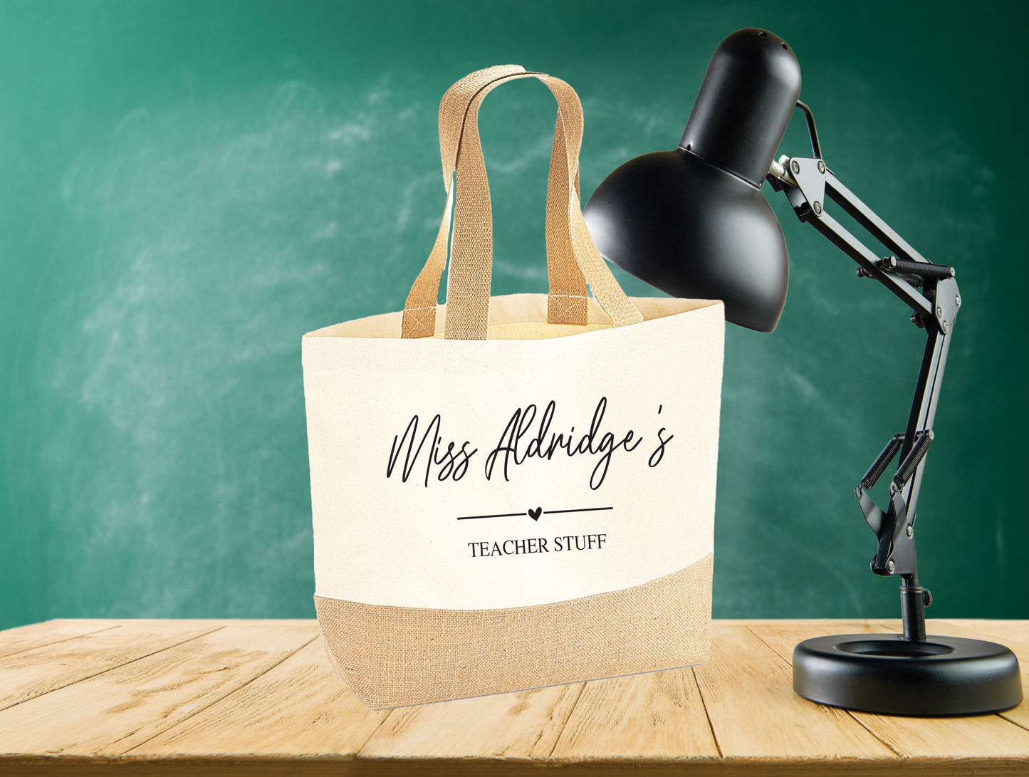 Teacher tote bag showing jute and cotton canvas construction detail