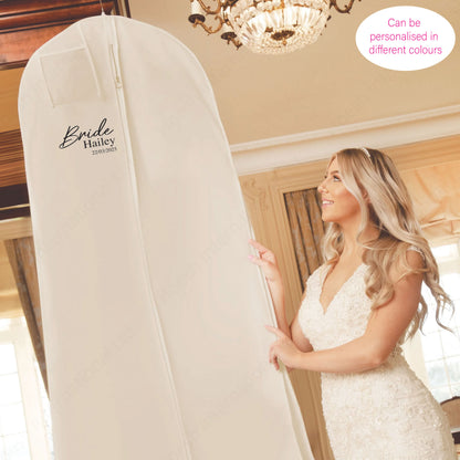 Personalised wedding dress bag with name, role and wedding date