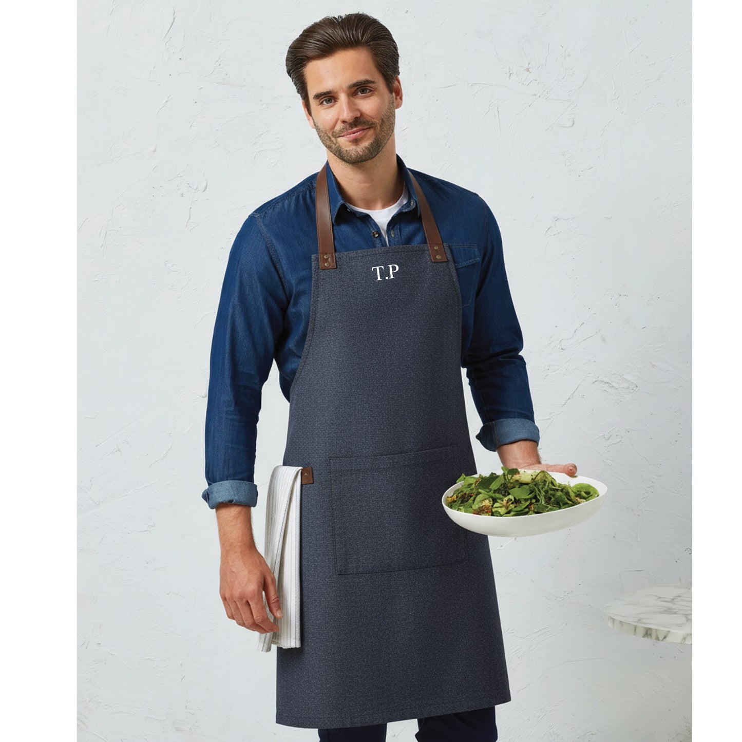 Custom embroidered apron with monogram initials and faux leather accents