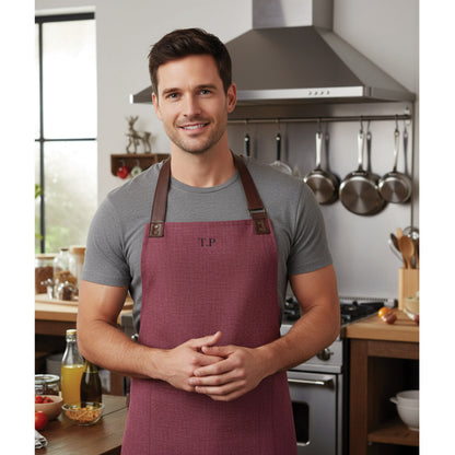 Custom apron showing faux leather neckband and cloth holder