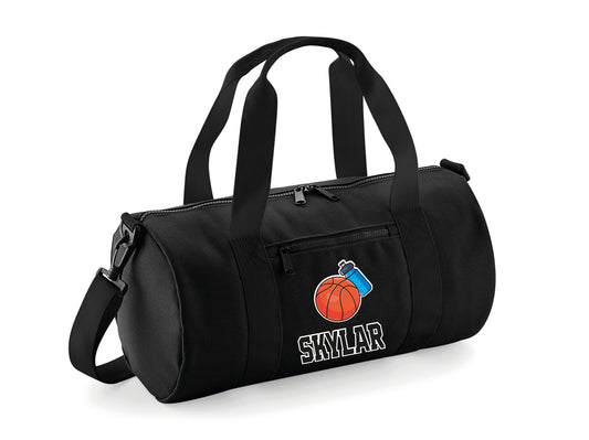Personalised basketball kit bag with custom name and barrel design