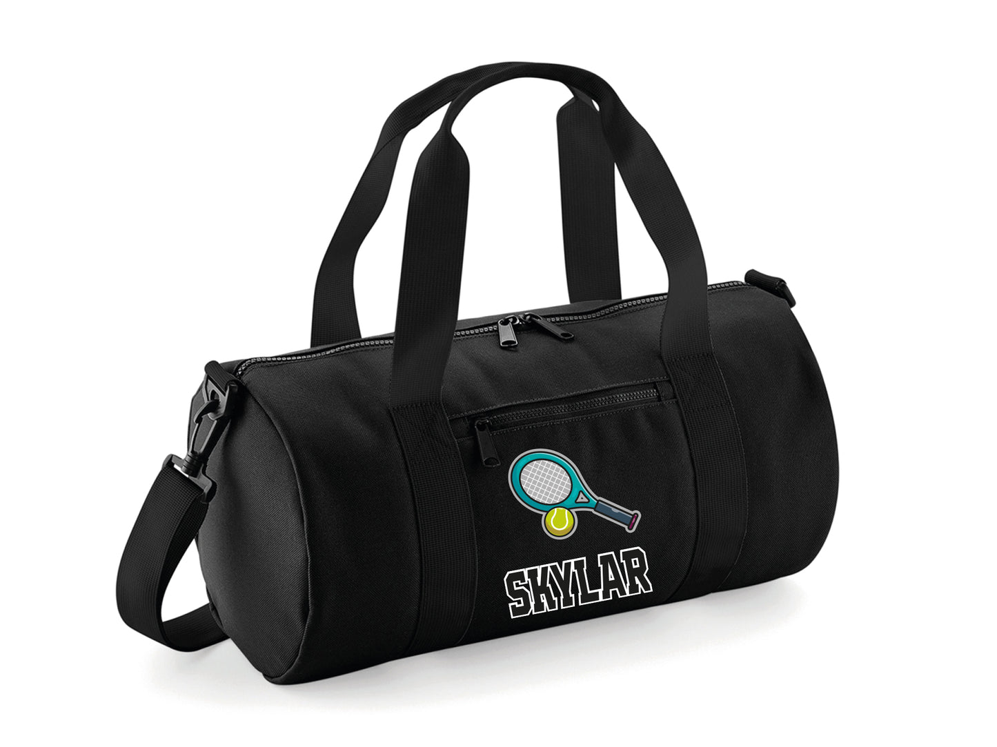 Personalised lawn tennis kit bag with custom name and barrel design