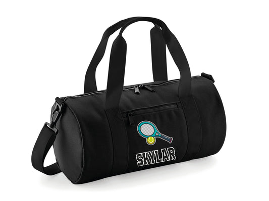 Personalised lawn tennis kit bag with custom name and barrel design