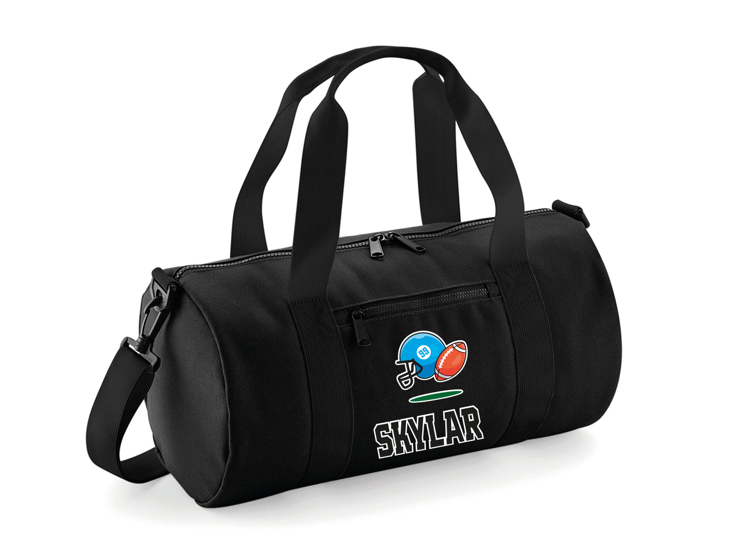 Personalised rugby kit bag with custom name and barrel design