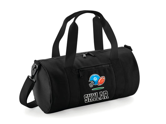 Personalised rugby kit bag with custom name and barrel design