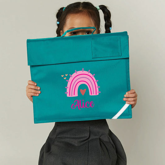 Personalised rainbow book bag with custom name and padded handle