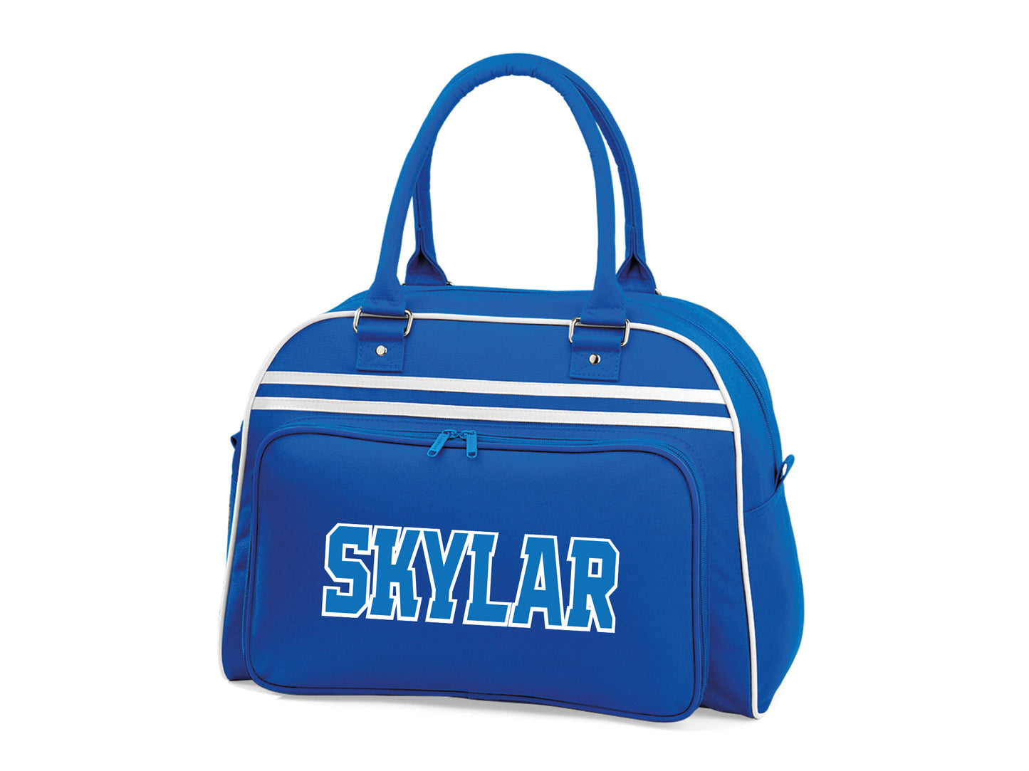 Interior of personalised retro bowling bag showing mesh pockets and baseboard