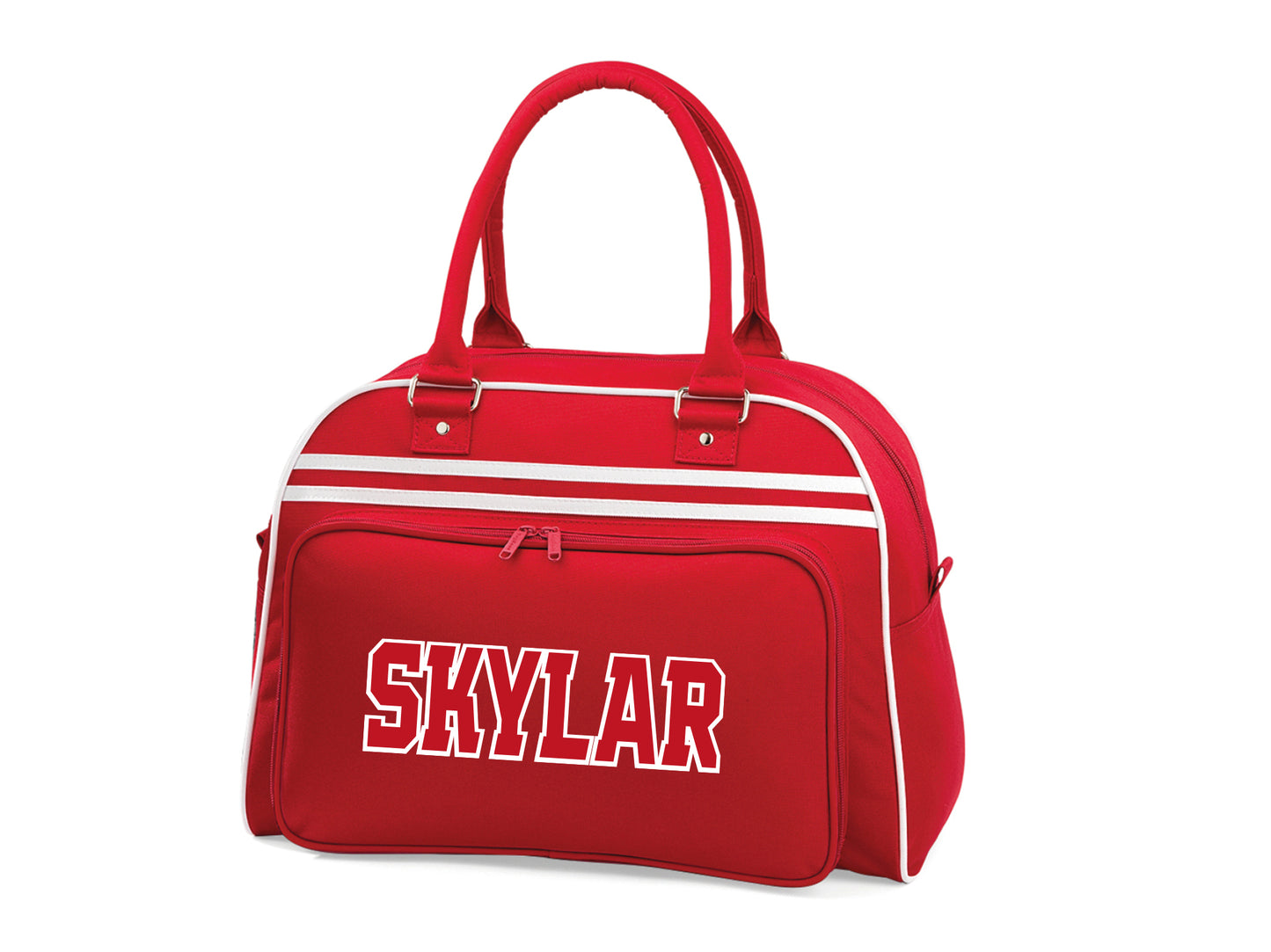 Personalised bowling bag showing zippered front pocket and carry handles