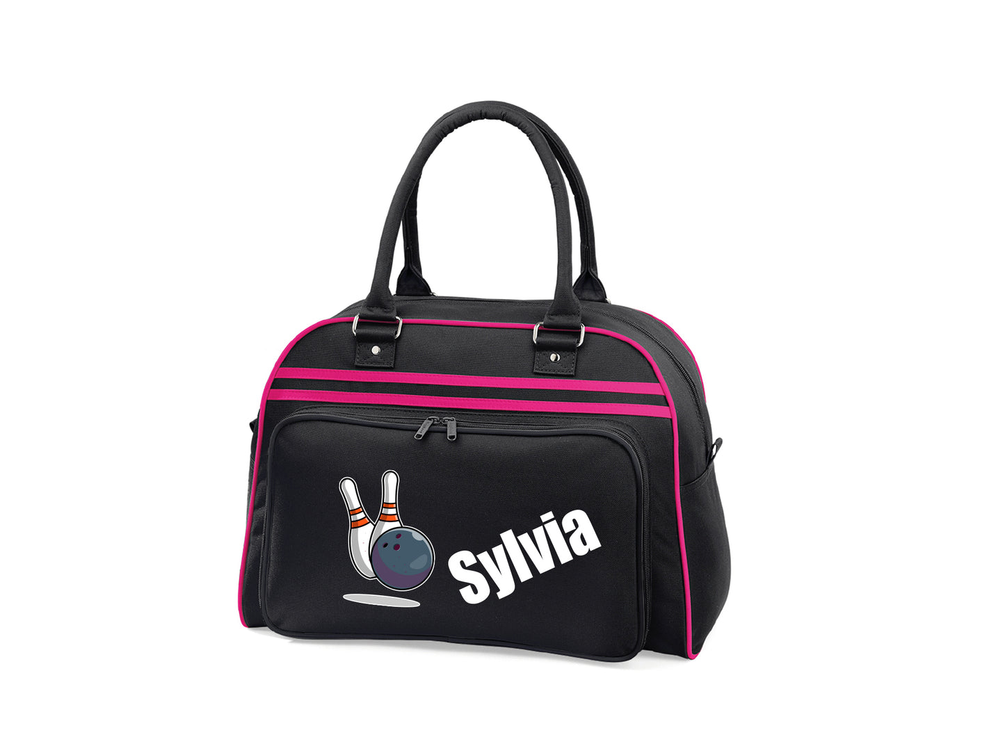 Illustrated retro bowling bag showing base feet and shoulder carry option