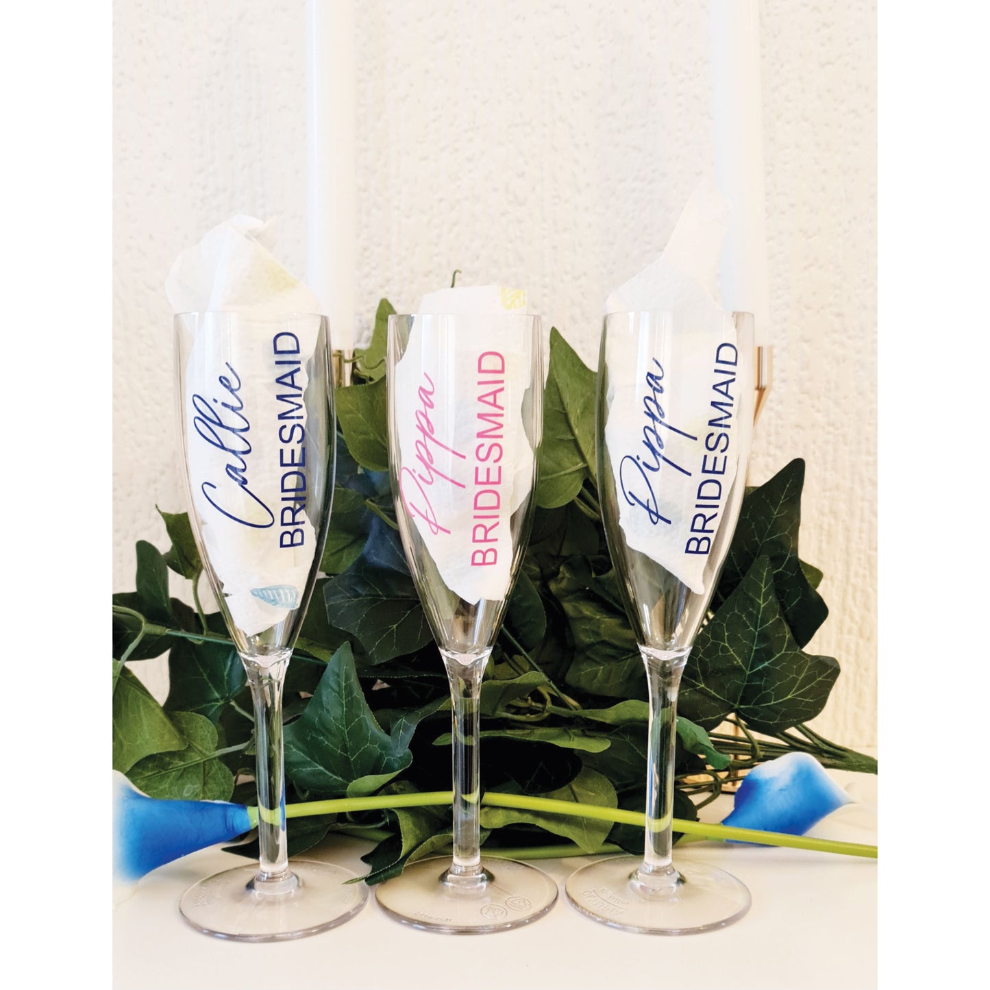 Wedding champagne flute showing name personalisation detail