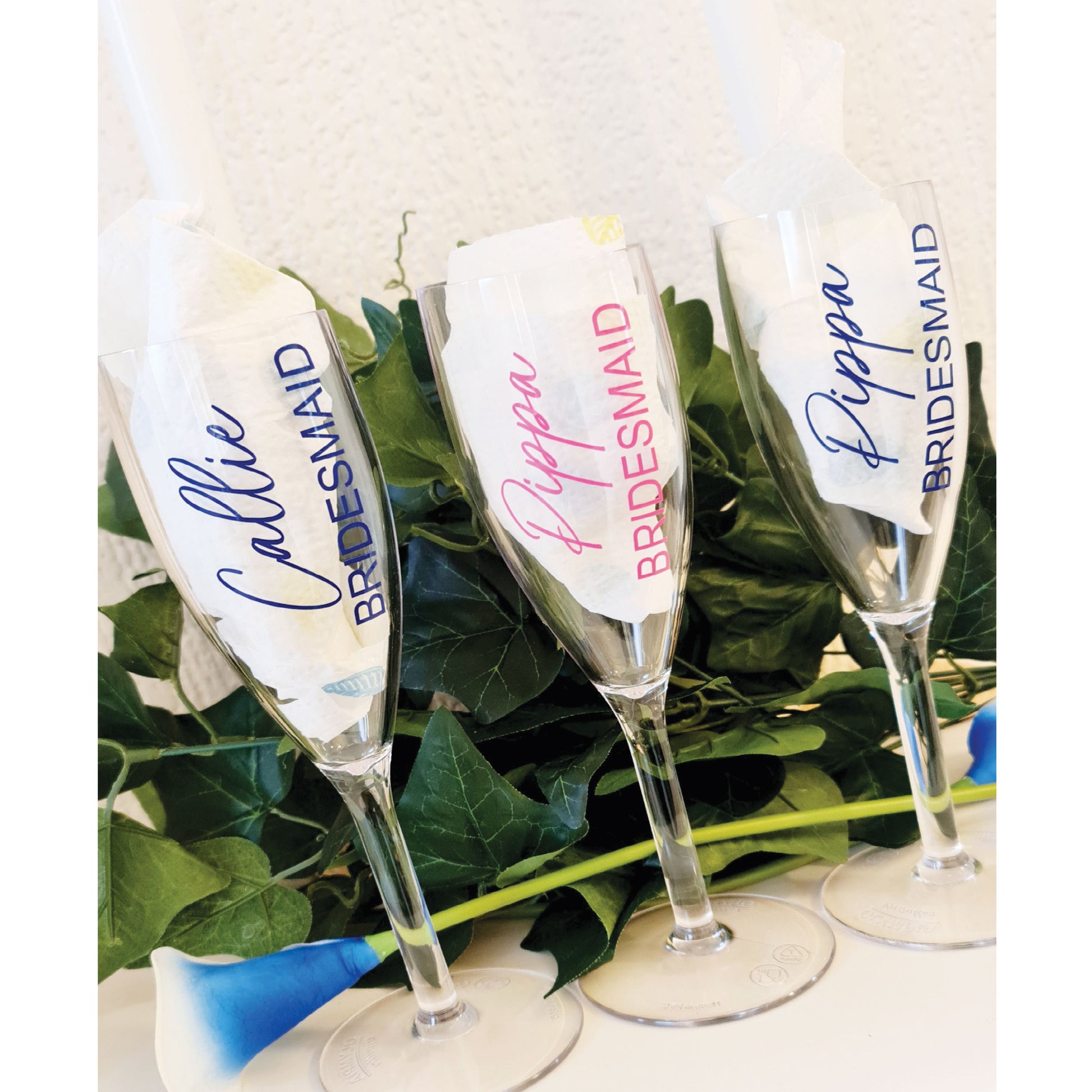Personalised champagne glasses in glass and polycarbonate options
