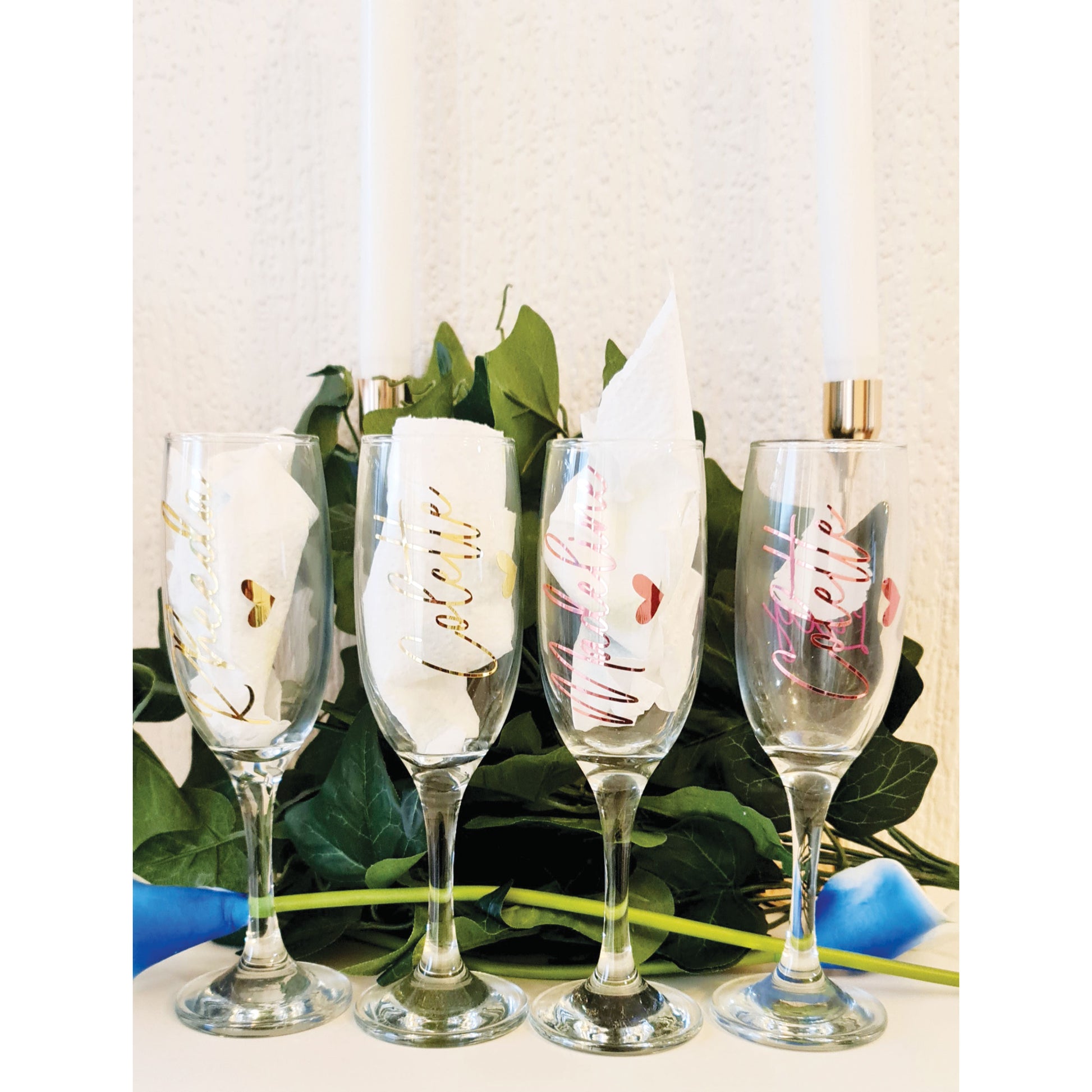 Bridal party personalised champagne flutes for wedding toast