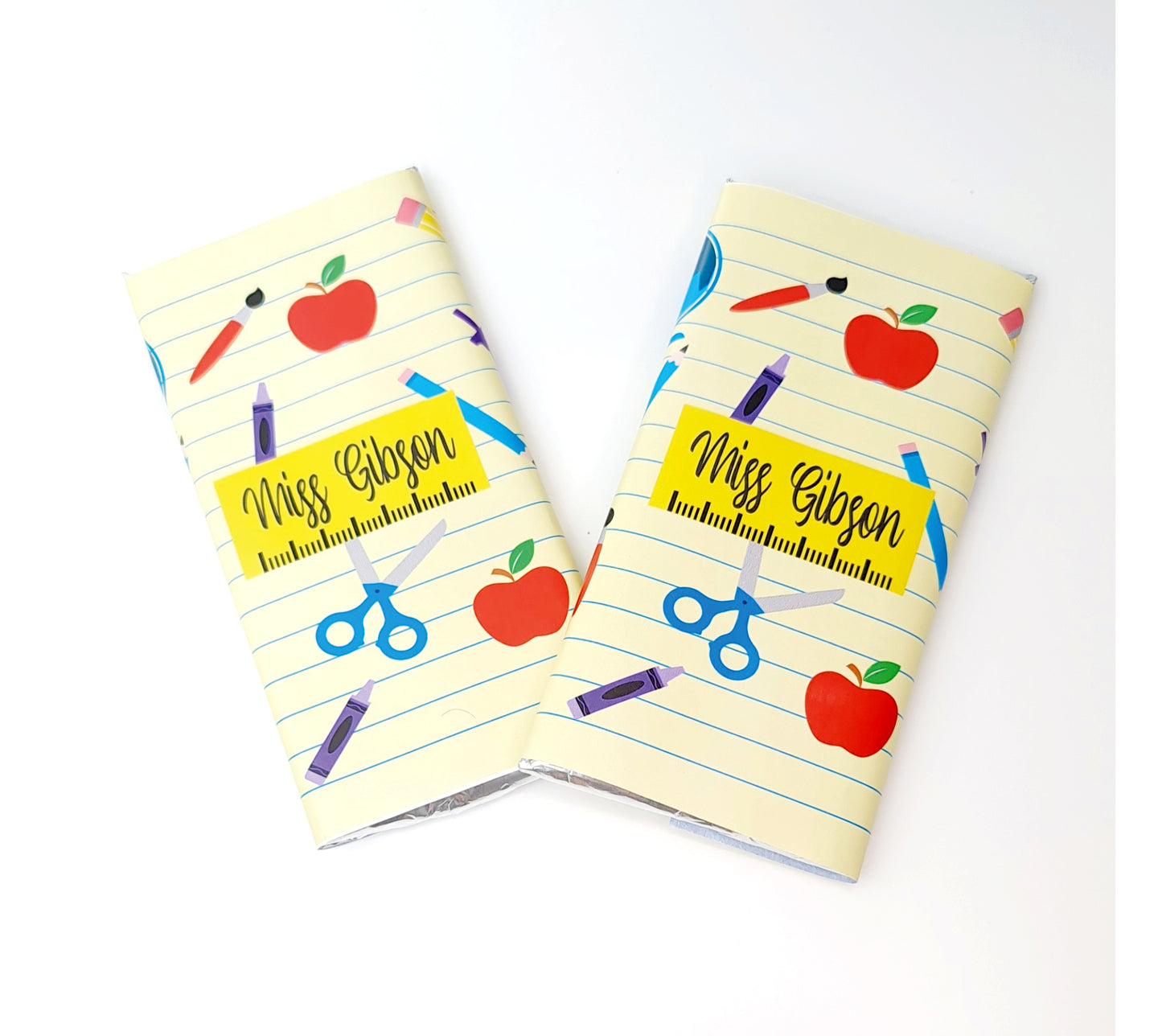 Personalised chocolate gift for teacher with custom wrapper featuring name and classroom design