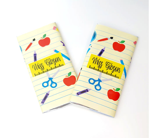 Personalised chocolate gift for teacher with custom wrapper featuring name and classroom design