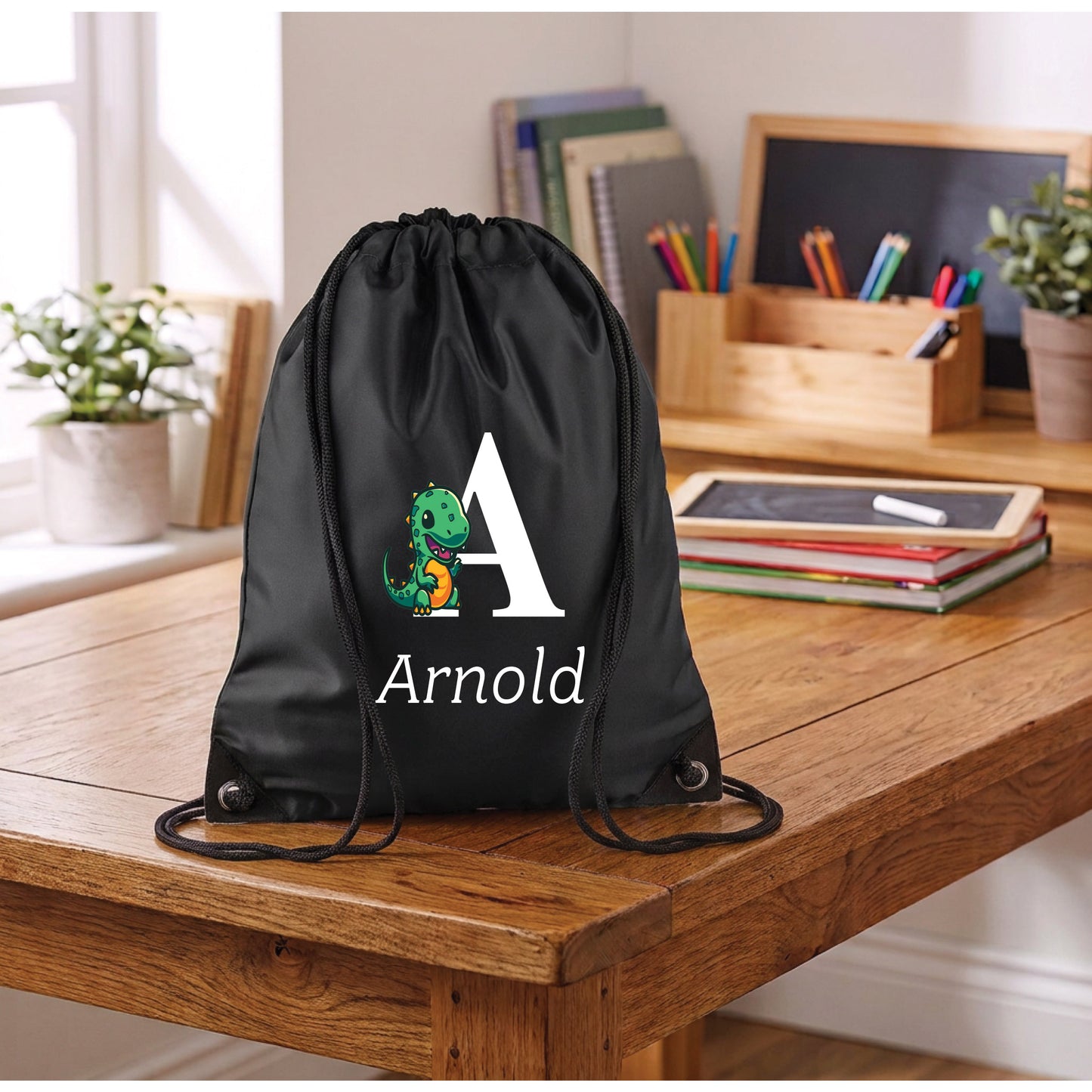 Personalised Dinosaur Drawstring Gym Bag with Name and Initial