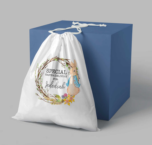 Personalised Peter Rabbit Easter drawstring bag with custom name