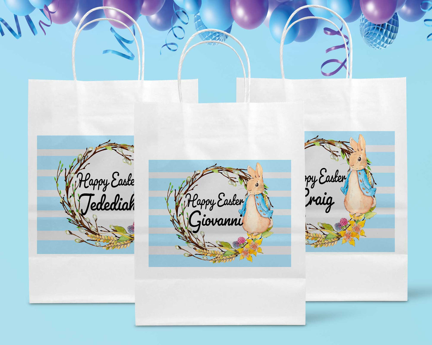 Personalised Easter paper gift bag showing colour and name options