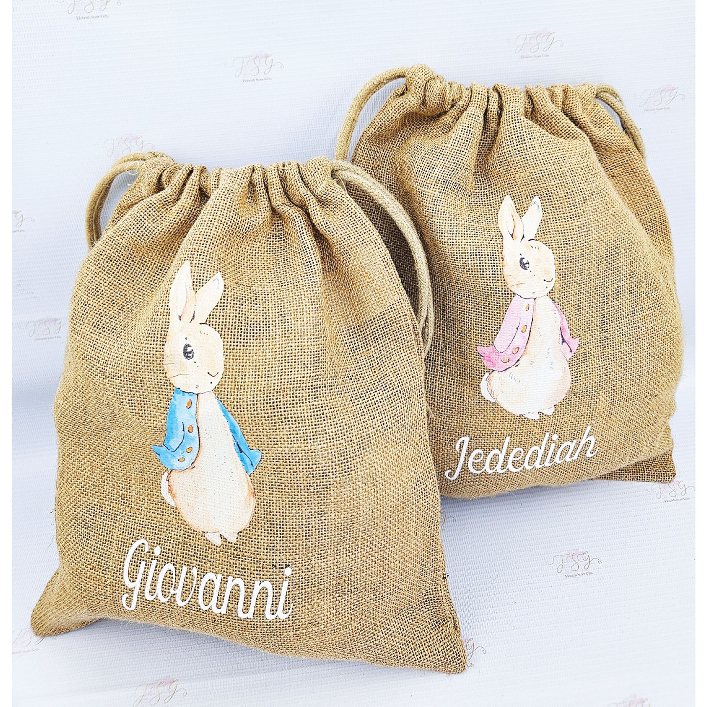 Personalised Easter egg hunt jute sack with Peter Rabbit design