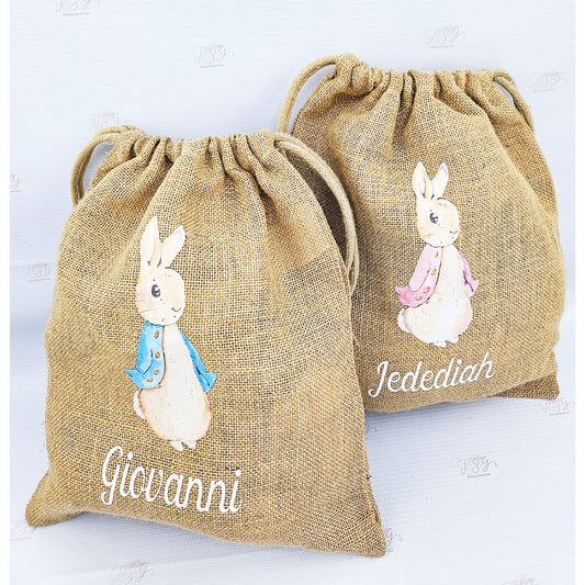 Personalised Easter egg hunt jute sack with Peter Rabbit design