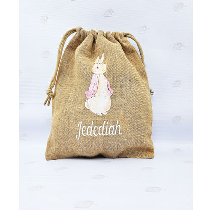 Easter egg hunt bag showing size options in jute