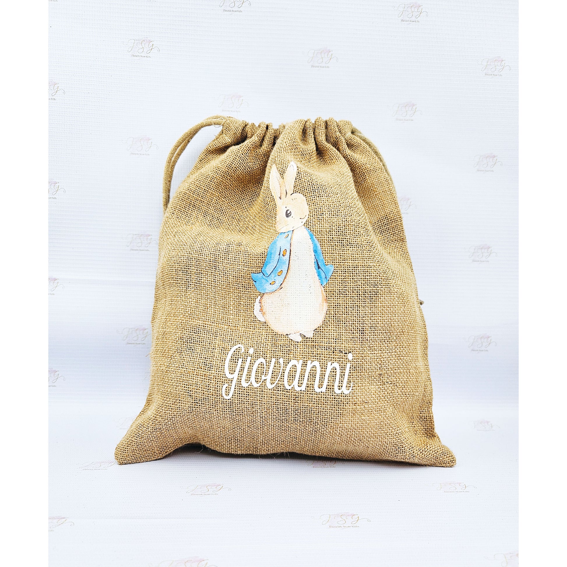 Peter Rabbit Easter jute sack in pink and blue colour options