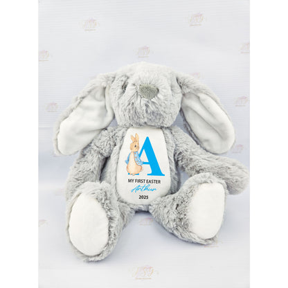 Personalised first Easter bunny plush with Peter Rabbit design and custom name