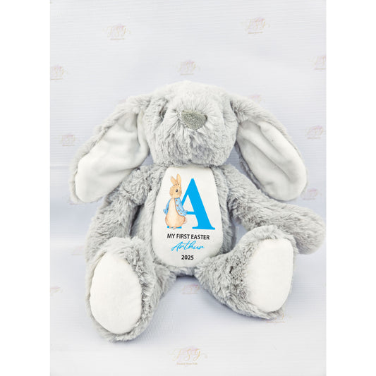 Personalised first Easter bunny plush with Peter Rabbit design and custom name