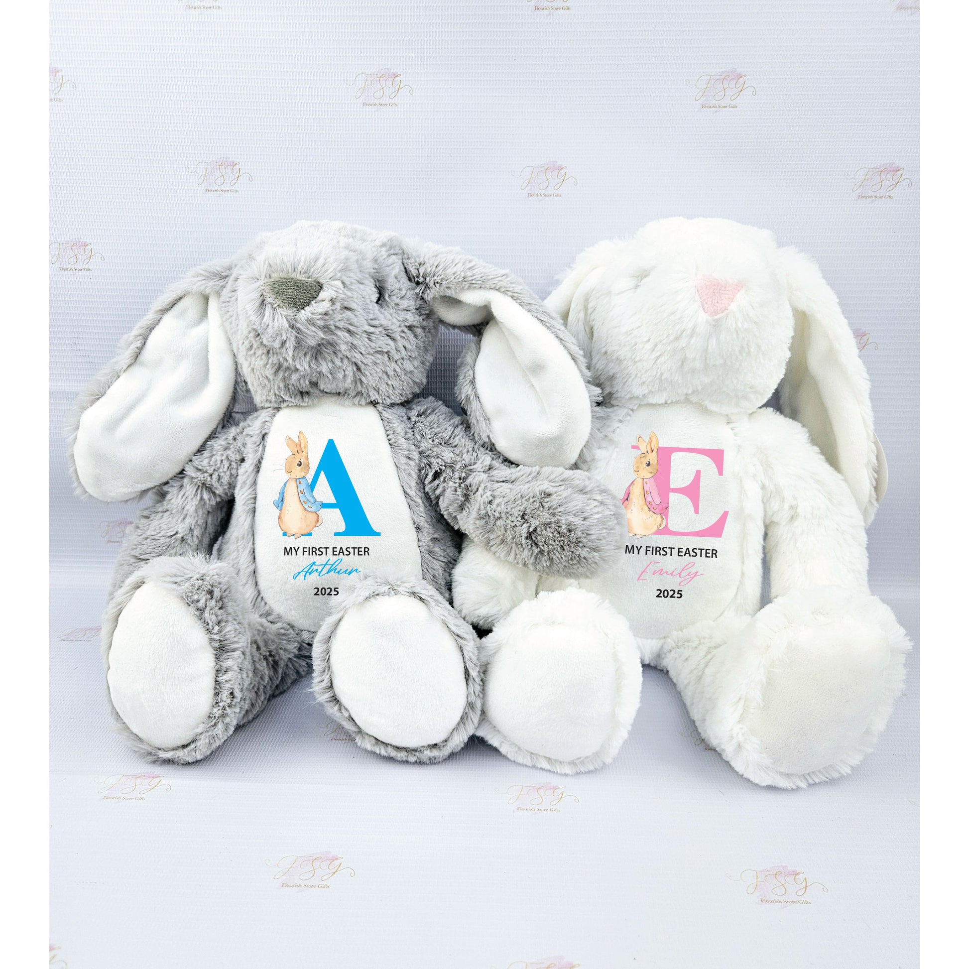 First Easter bunny plush showing colour options