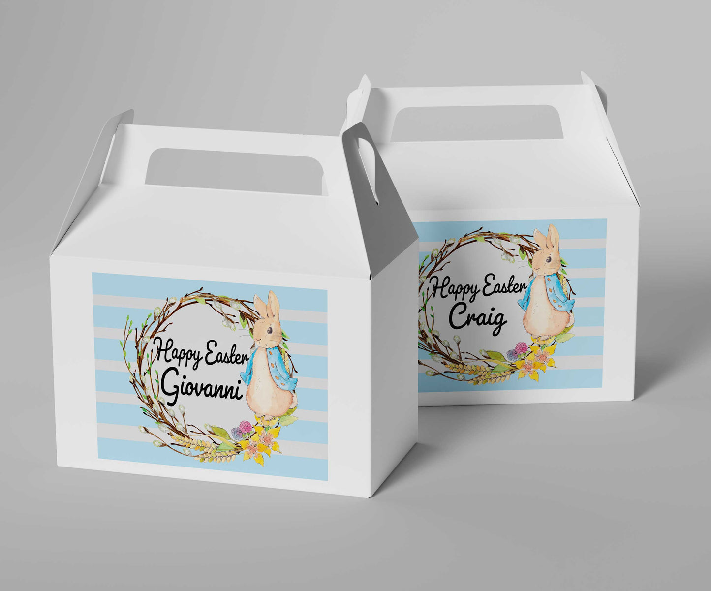 Personalised Easter treat boxes with Peter Rabbit design in pink and blue