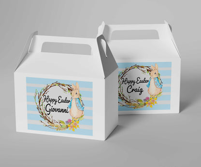 Personalised Easter treat boxes with Peter Rabbit design in pink and blue