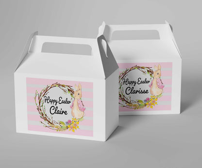 Easter treat boxes showing small and large size options with custom name