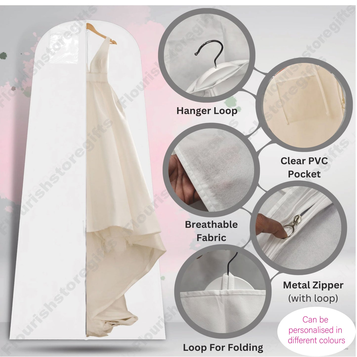 Personalised wedding dress bag showing waterproof cladding and zip detail