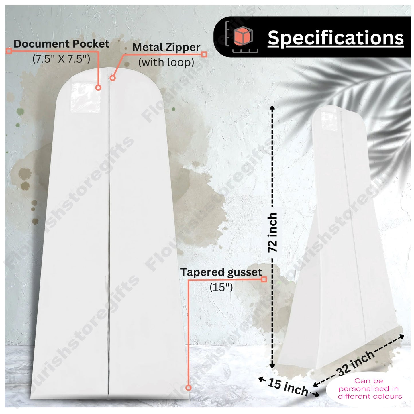 Wedding dress garment cover showing full-length zip and hanging loop