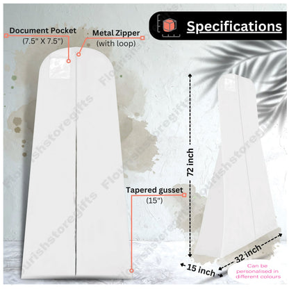 Wedding dress garment cover showing full-length zip and hanging loop