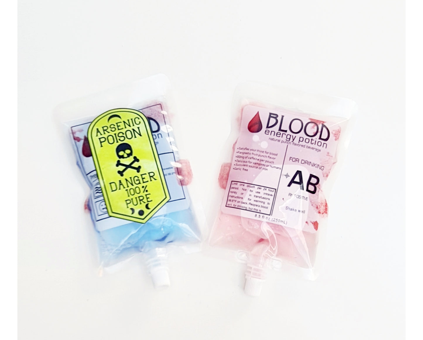 Halloween blood bag drink pouch showing blood group label detail