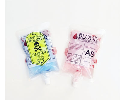 Halloween blood bag drink pouch showing blood group label detail