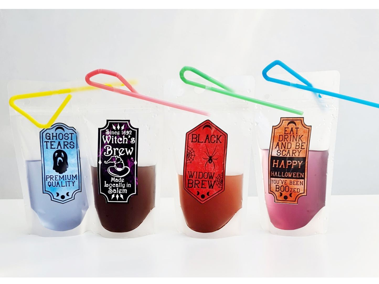 Halloween drink pouches showing fun label options for parties