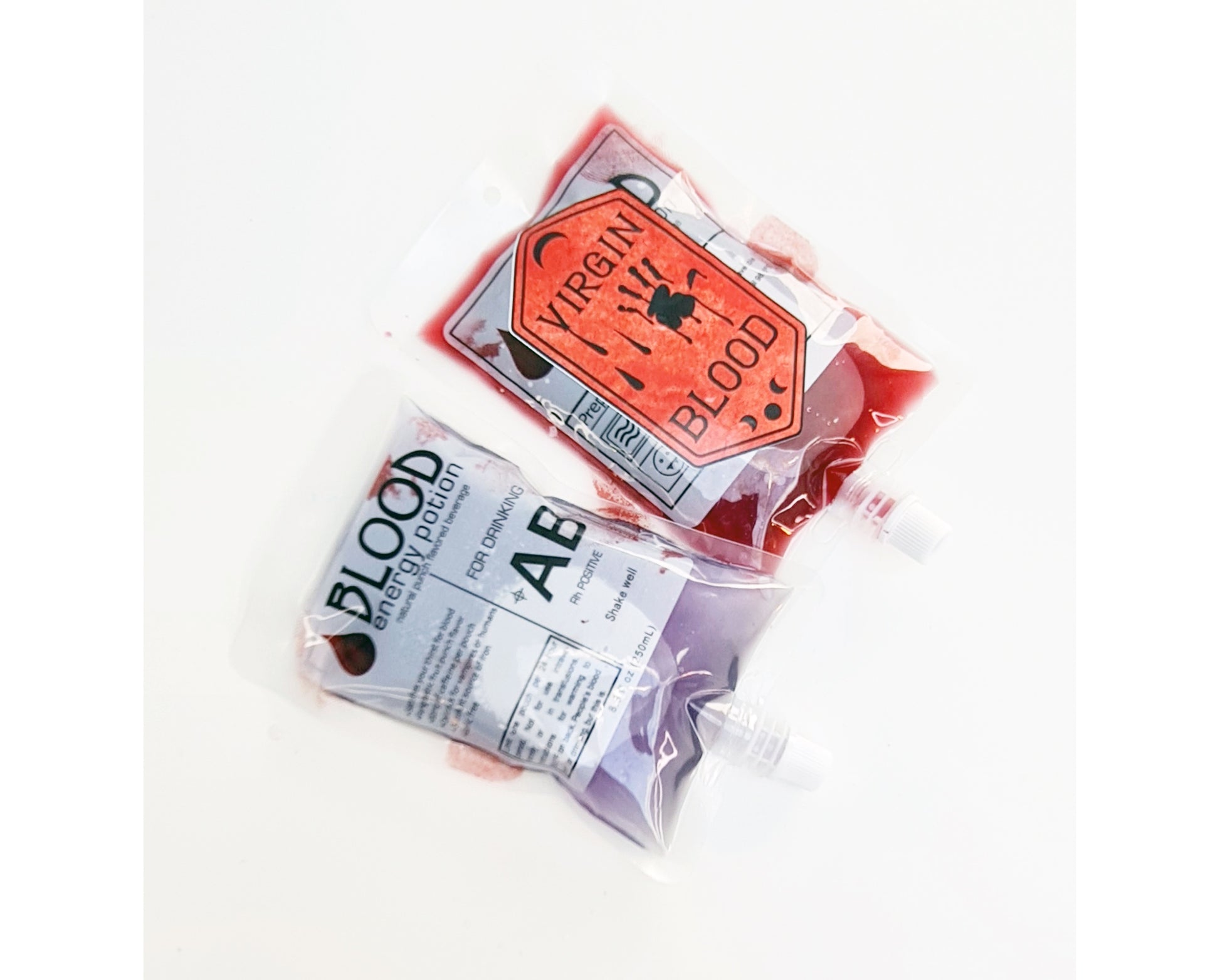 IV drip style drink pouch filled with red drink for Halloween