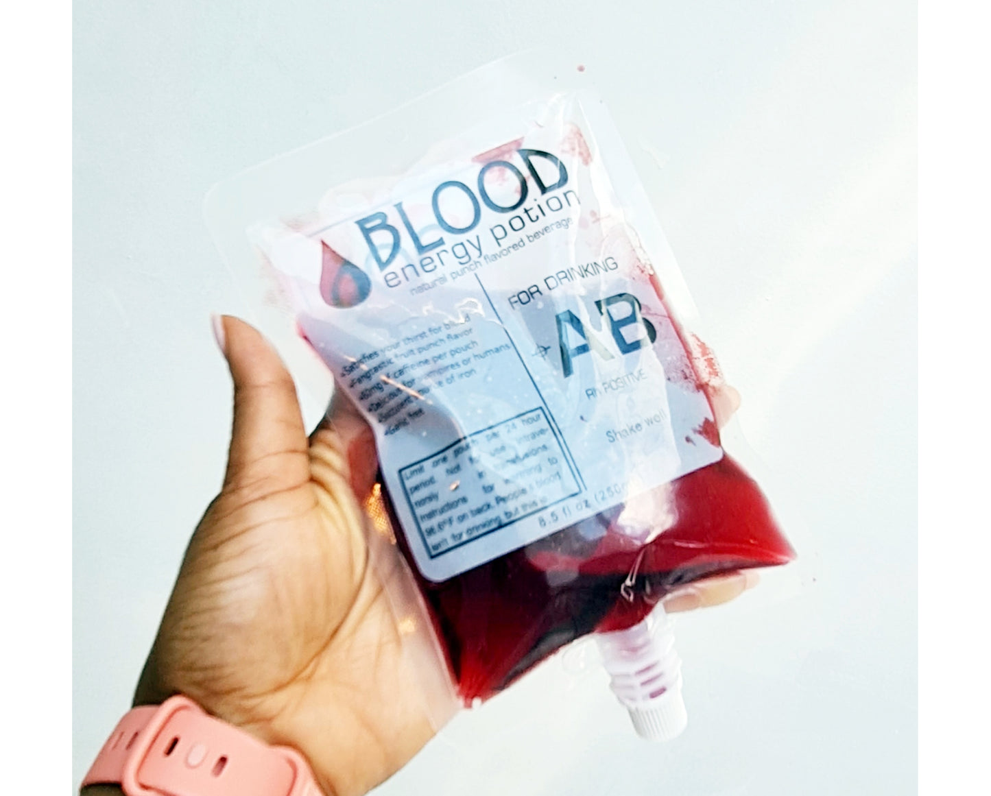 Close-up of blood bag IV drip drink pouch for Halloween parties