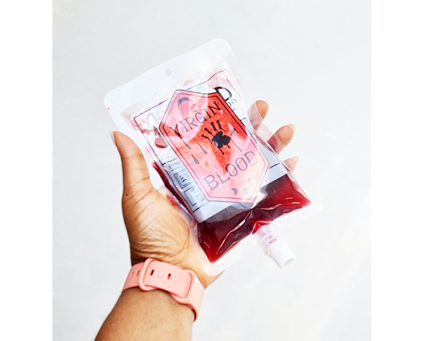 Halloween blood bag pouches with fun labels for party drinks
