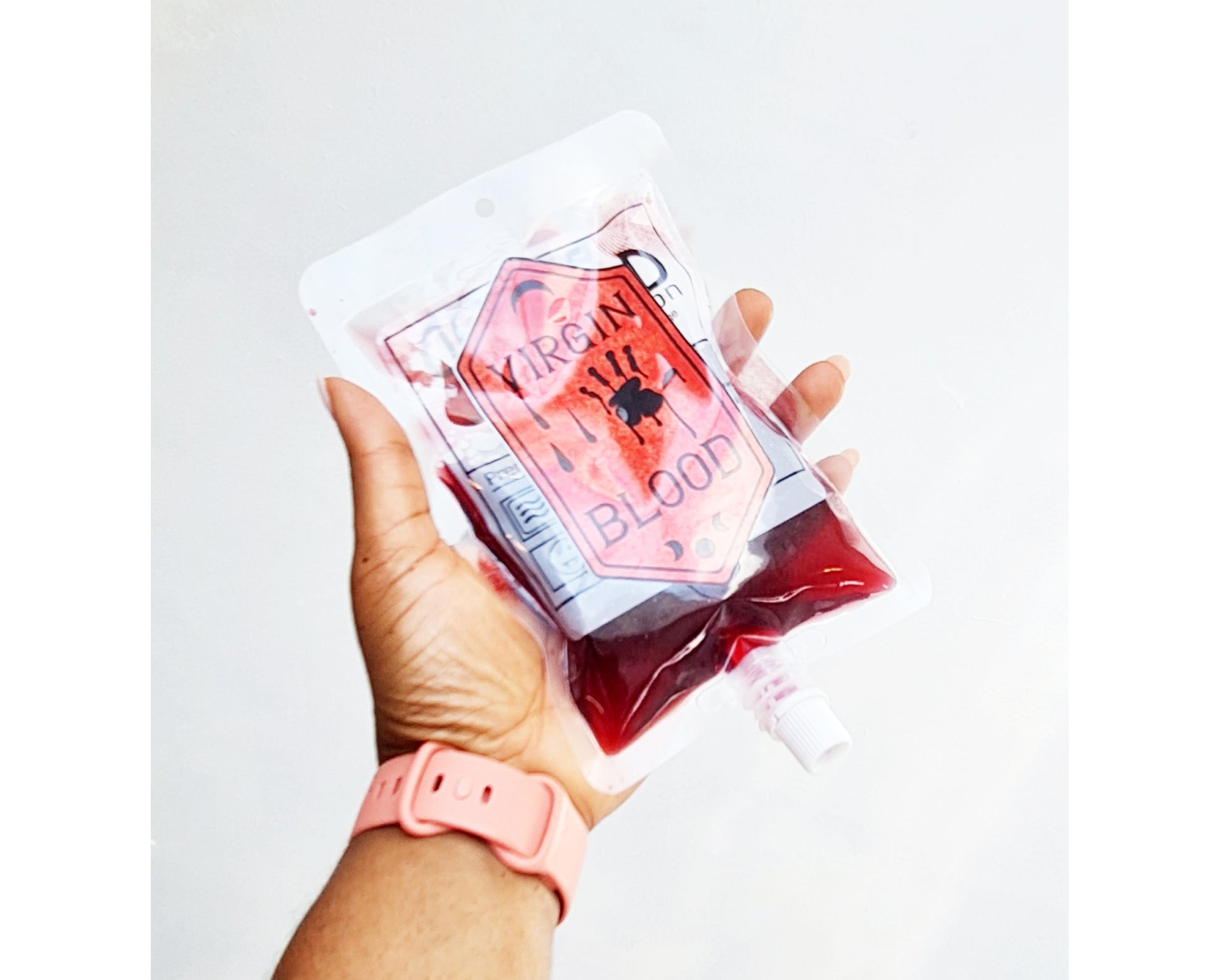 Halloween blood bag pouches with fun labels for party drinks