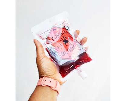 Halloween blood bag pouches with fun labels for party drinks