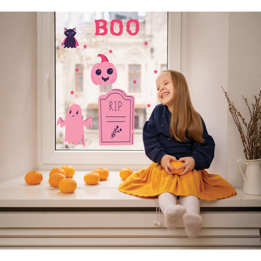 Pink Halloween silhouette window sticker pack with ghosts pumpkins and Boo text