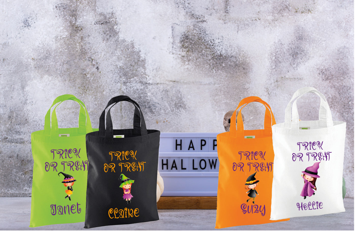 Personalised trick or treat bags in multiple colours with character designs