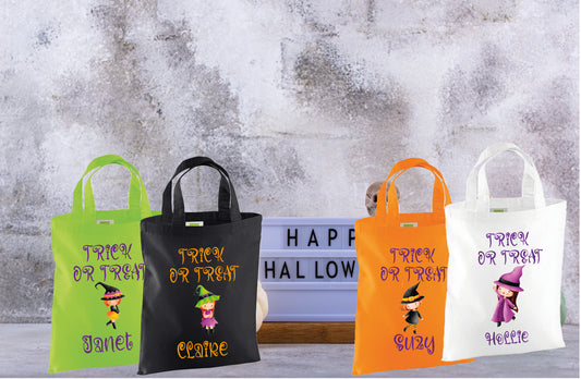 Personalised trick or treat bags in multiple colours with character designs