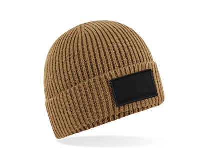 Custom beanie hat showing text personalisation detail