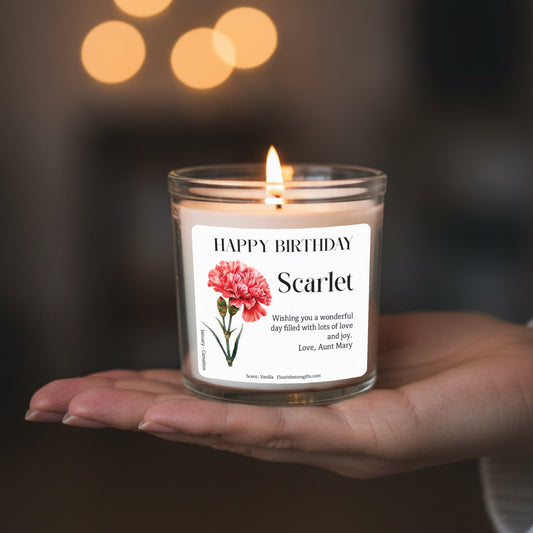 Personalised birthday candle with birth flower illustration and custom name