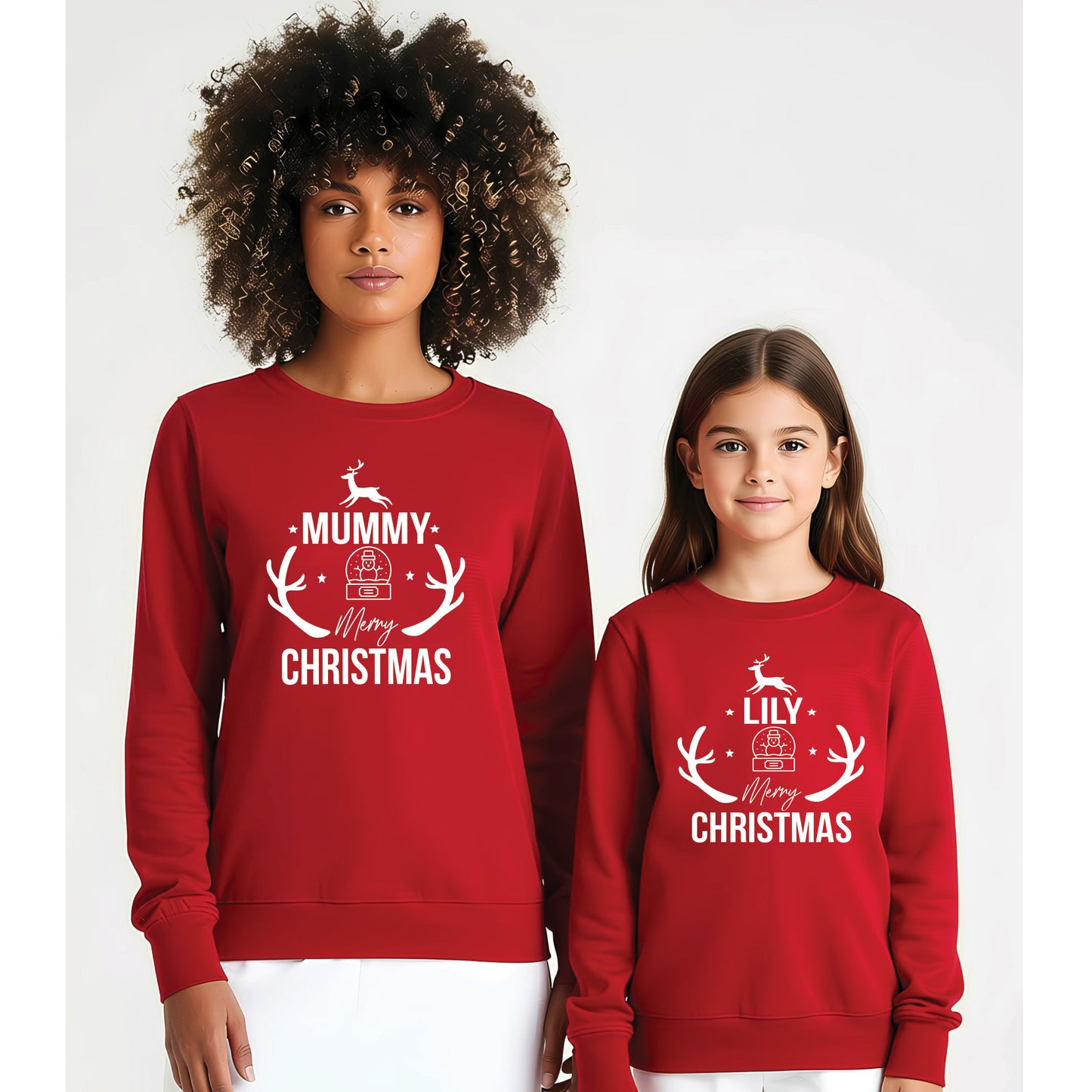 Family Christmas jumpers showing 3 colour options
