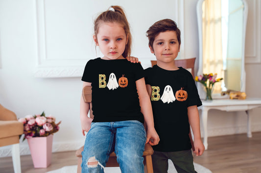 Halloween Boo black t-shirt for kids with ghost design